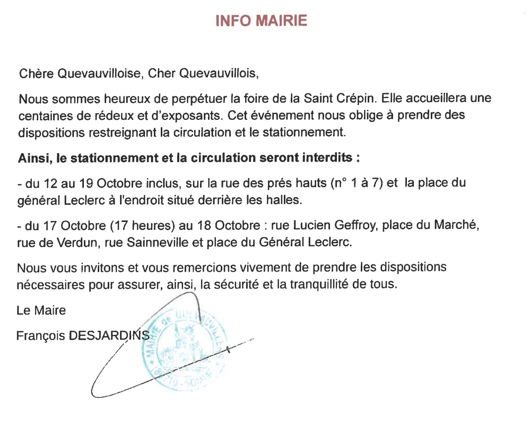 Lire la suite à propos de l’article 📝 [ARRÊTÉ MUNICIPAL] • FOIRE DE LA ST CRÉPIN